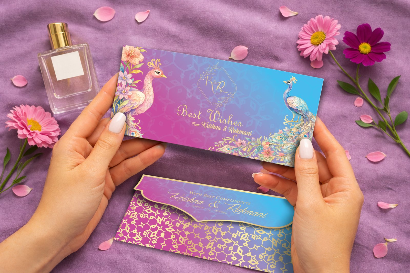 Peacock Blessing – Personalized Shagun Envelope with Gold Foil for Wedding & Festivals