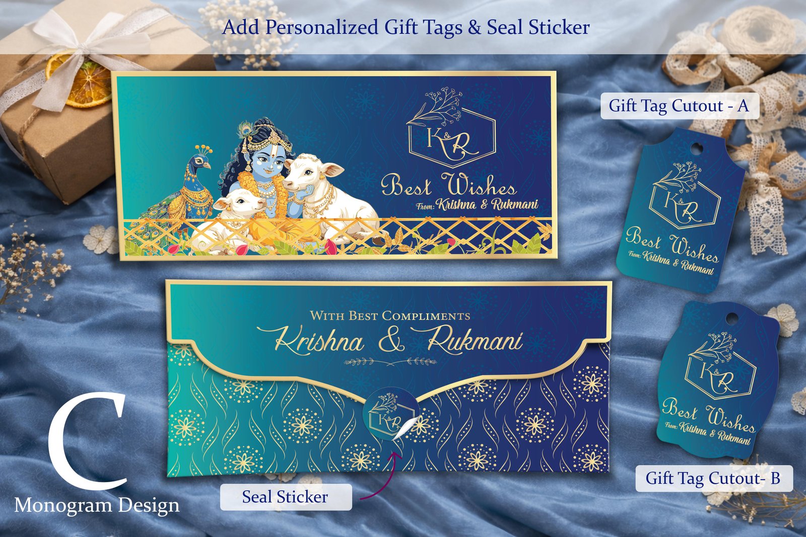 Krishna Leela – Personalized Shagun Envelope with Gold Foil for Wedding & Festivals