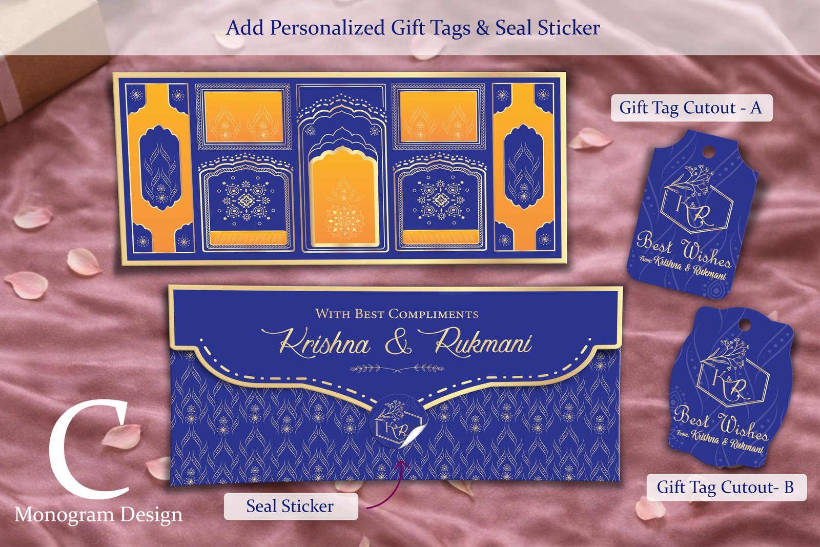 Maharani Panel Royal Blue – Personalized Shagun Envelope with Gold Foil for Wedding & Festivals