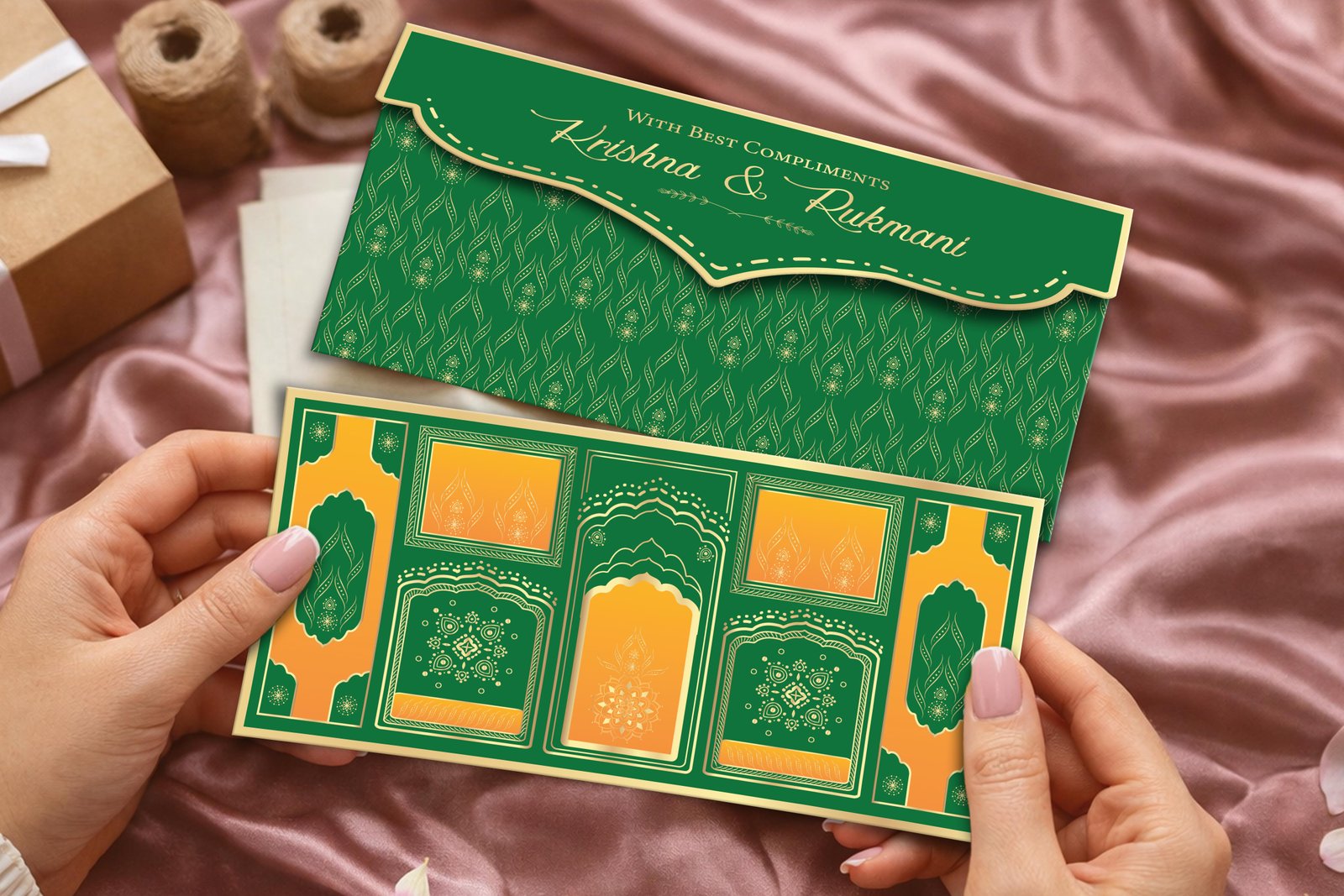 Maharani Panel Royal Green Personalized Shagun Envelope