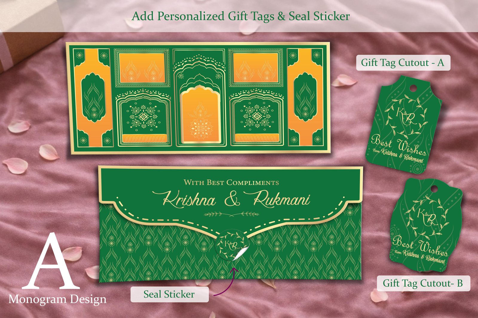 Maharani Panel Royal Green – Personalized Shagun Envelope with Gold Foil for Wedding & Festivals
