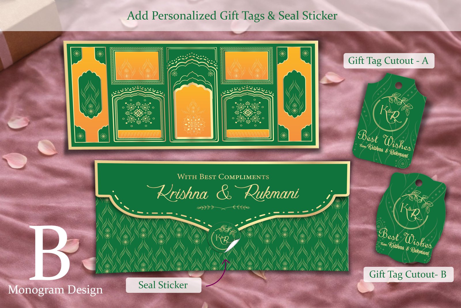 Maharani Panel Royal Green – Personalized Shagun Envelope with Gold Foil for Wedding & Festivals