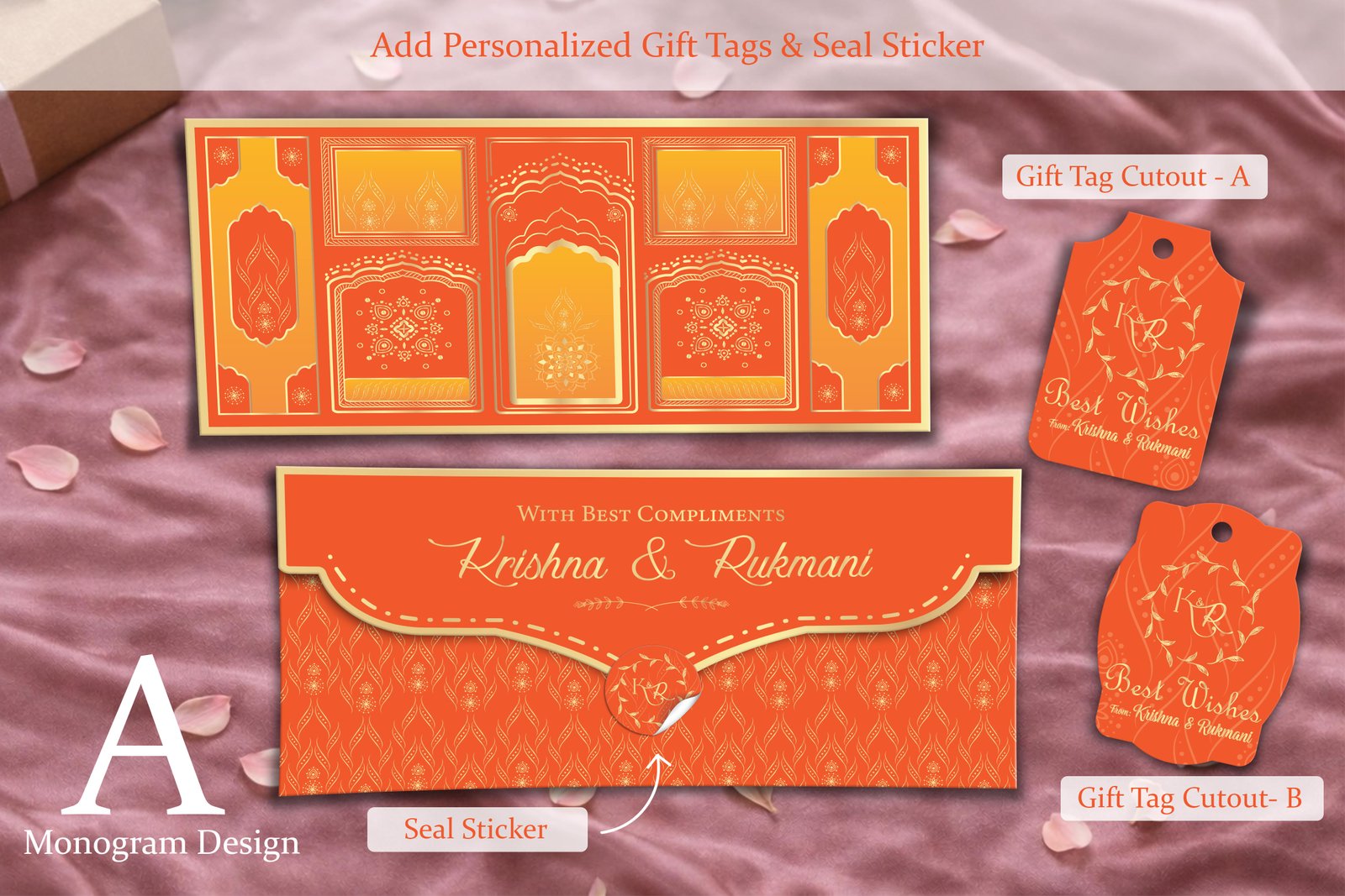 Maharani Panel Royal Orange – Personalized Shagun Envelope with Gold Foil for Wedding & Festivals