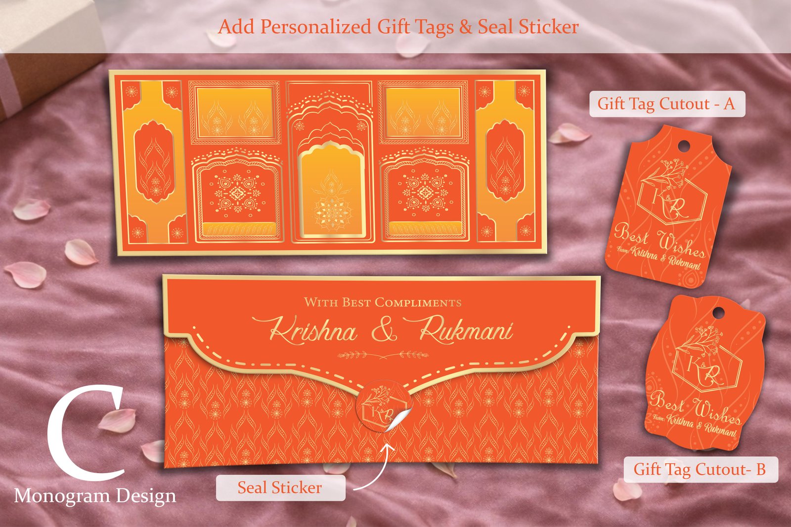 Maharani Panel Royal Orange – Personalized Shagun Envelope with Gold Foil for Wedding & Festivals