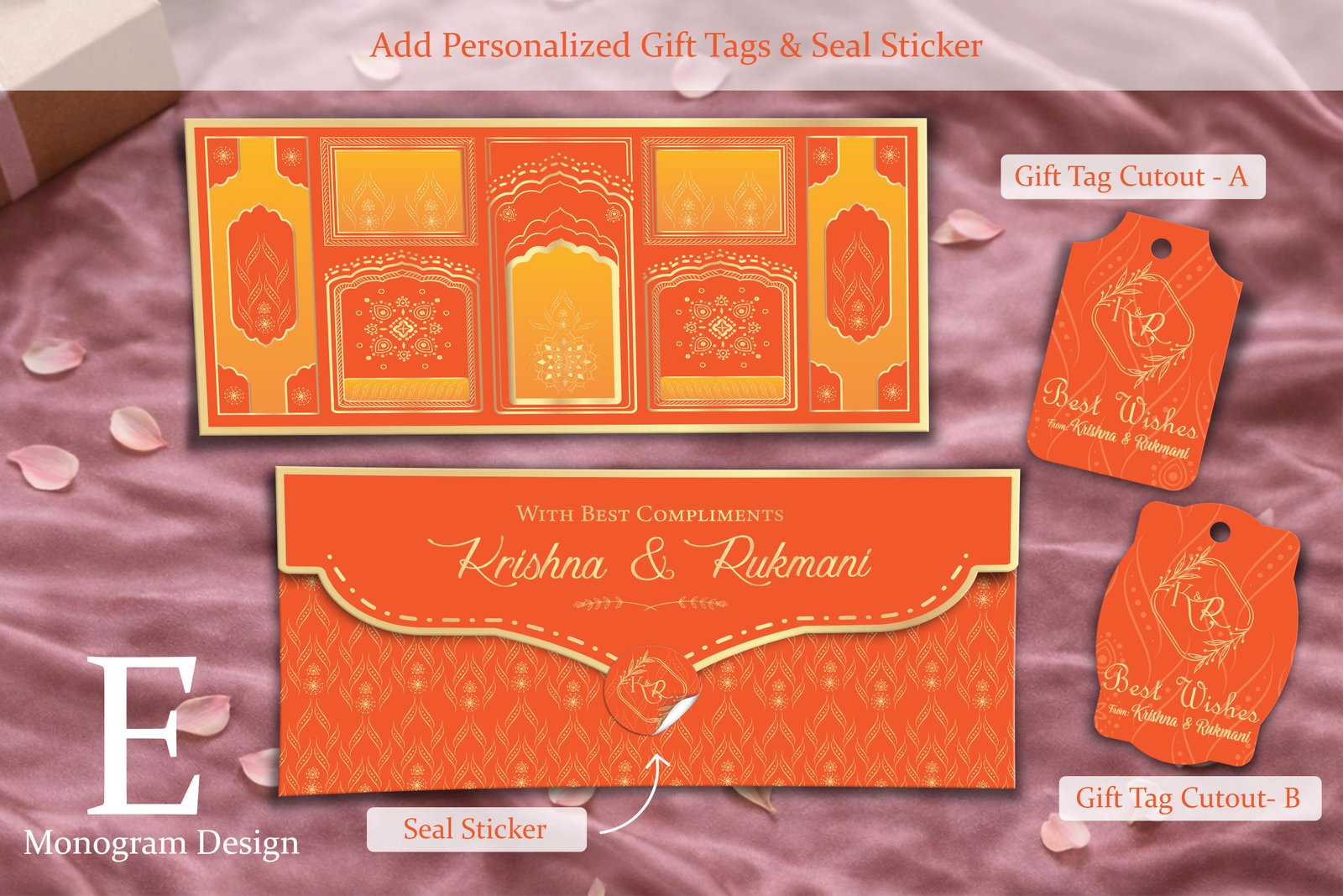 Maharani Panel Royal Orange – Personalized Shagun Envelope with Gold Foil for Wedding & Festivals