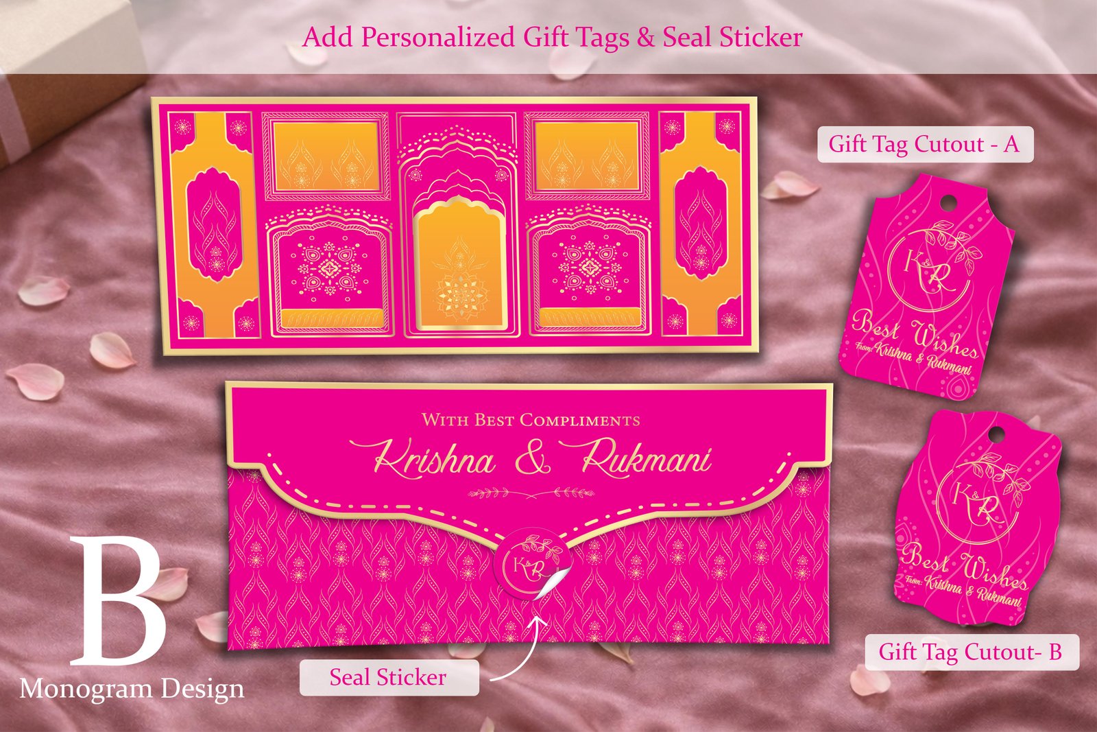 Maharani Panel Royal Pink– Personalized Shagun Envelope with Gold Foil for Wedding & Festivals