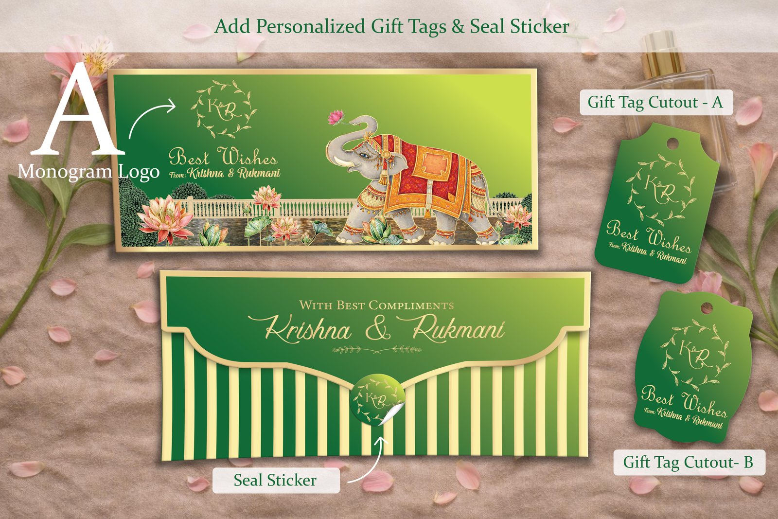 Mangalam Gajraj Royal Green – Personalized Shagun Envelope with Gold Foil for Wedding & Festivals