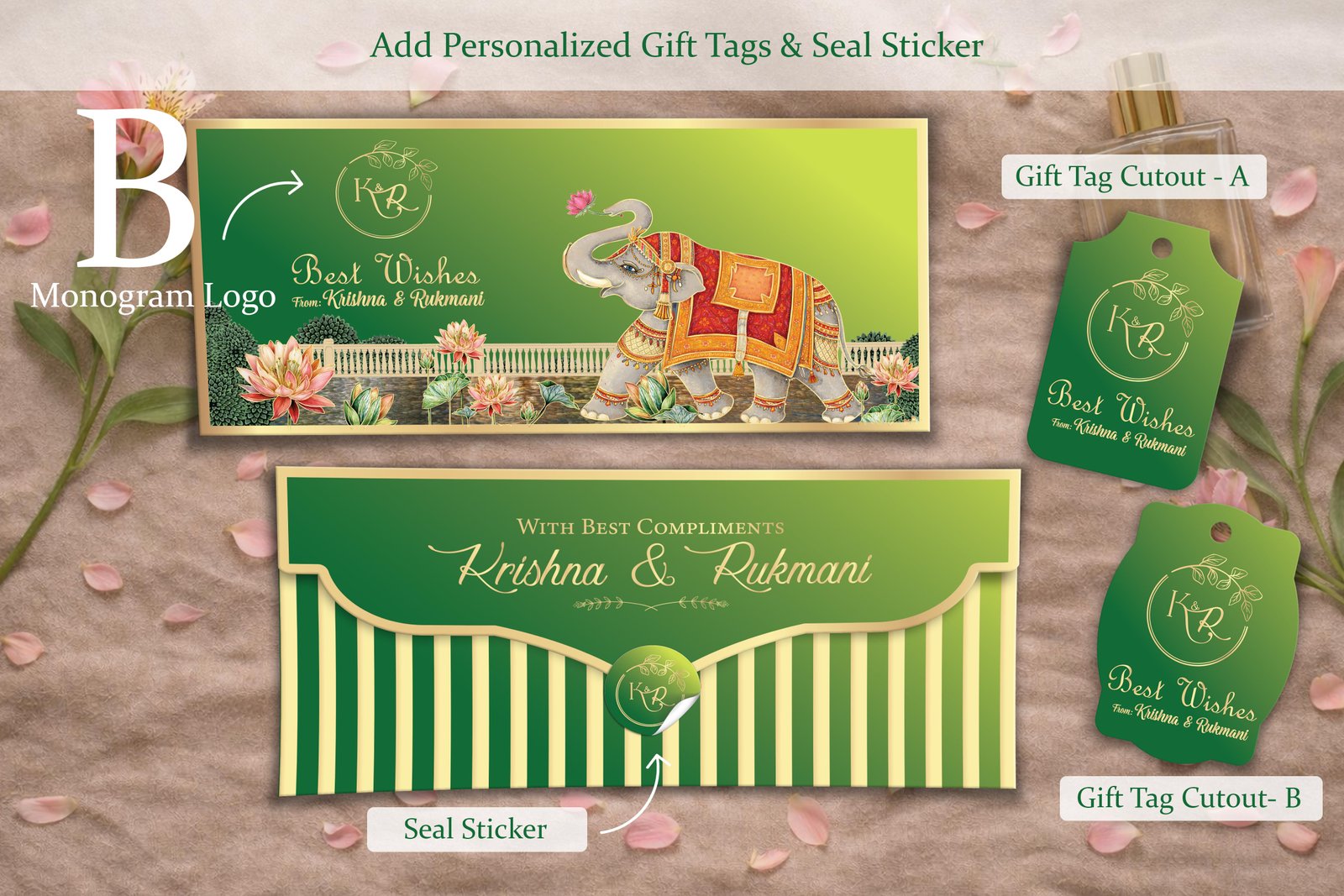 Mangalam Gajraj Royal Green – Personalized Shagun Envelope with Gold Foil for Wedding & Festivals