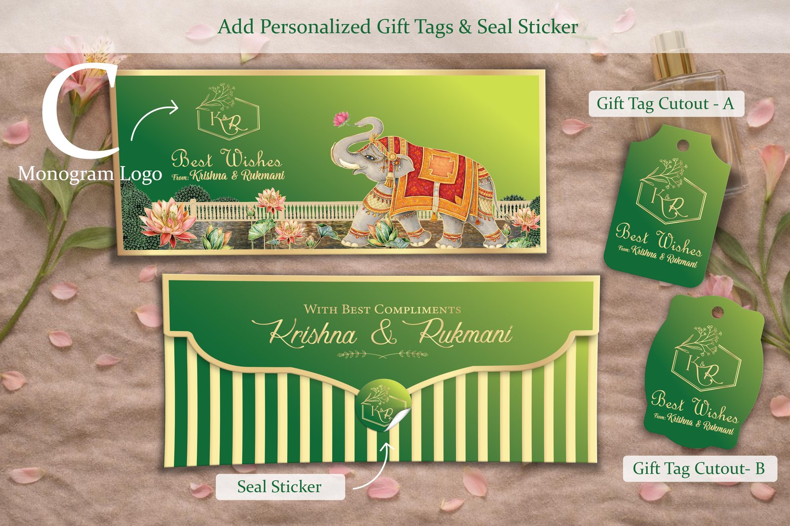 Mangalam Gajraj Royal Green – Personalized Shagun Envelope with Gold Foil for Wedding & Festivals