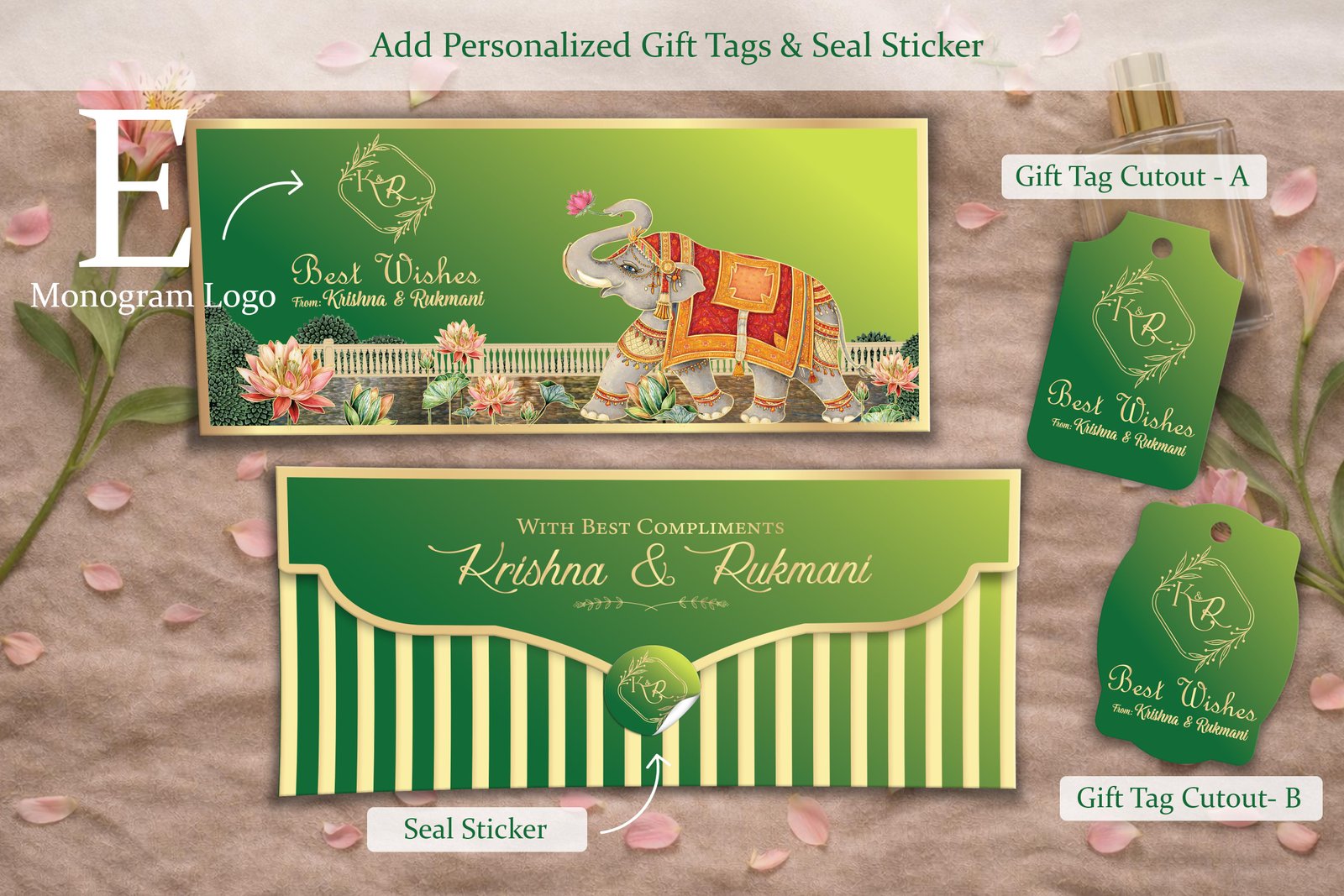 Mangalam Gajraj Royal Green – Personalized Shagun Envelope with Gold Foil for Wedding & Festivals